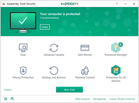 kaspersky total security 2018 main window