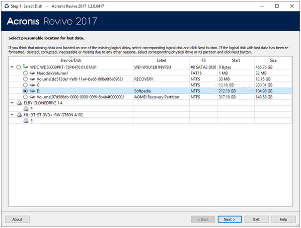 Acronis Revive 2017 select disk to restore