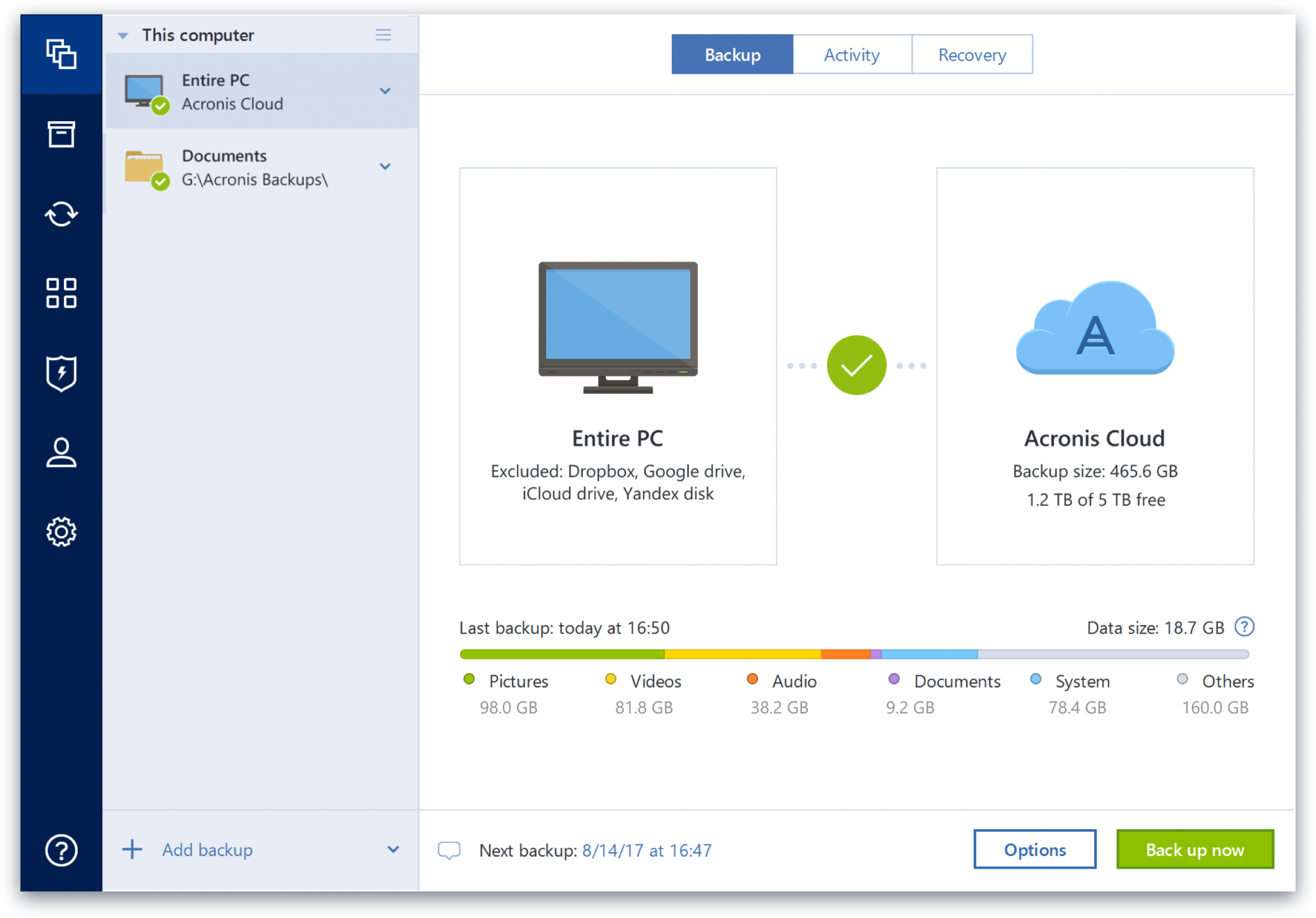 Acronis True Image 2018 PC backup window