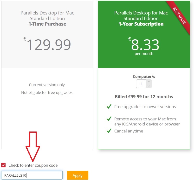 how to apply Parallels coupon code