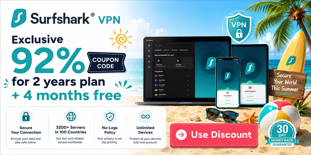 90% off Surfshark coupon code + 4 months free for 2 years plan