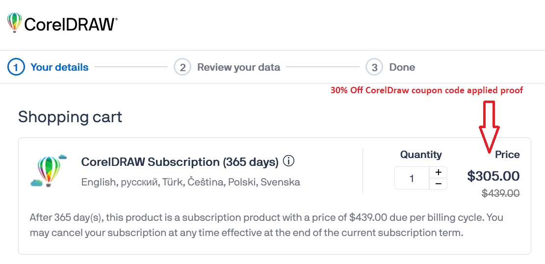 30% Off CorelDraw coupon code applied proof